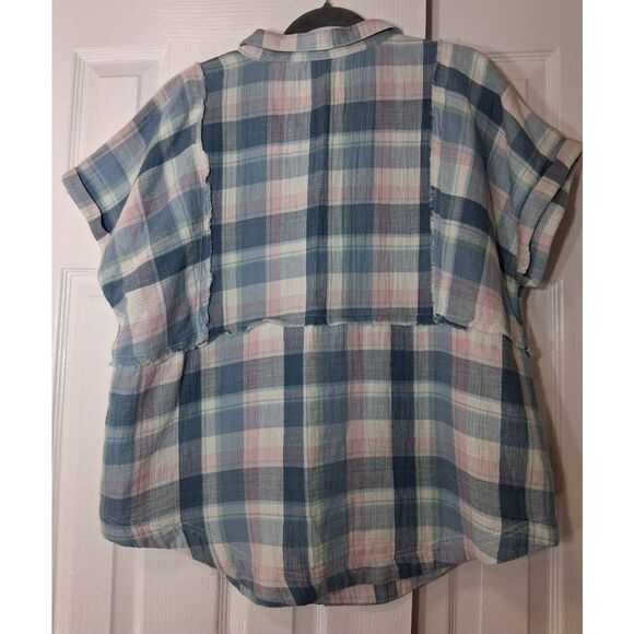 Lucky brand womens xl gauzy cotton shirt blouse blue plaid top tab sleeve - Picture 6 of 9